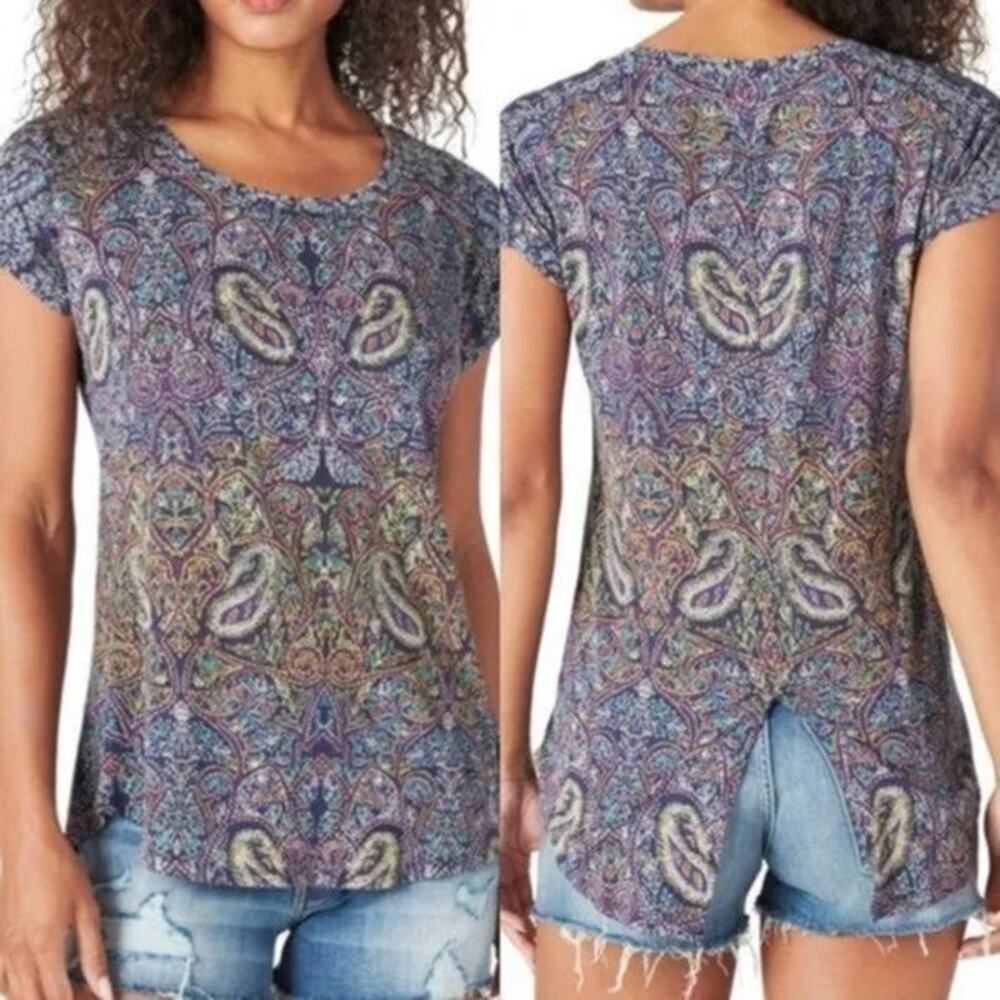 Lucky Brand Paisley Split Back Tee Womens size 3X Navy Short Sleeve T-Shirt